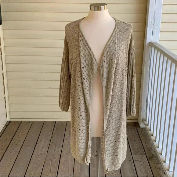 J Jill Pointelle Open Cardigan Sweater Linen Blend Size Medium Beige *READ - Picture 1 of 8